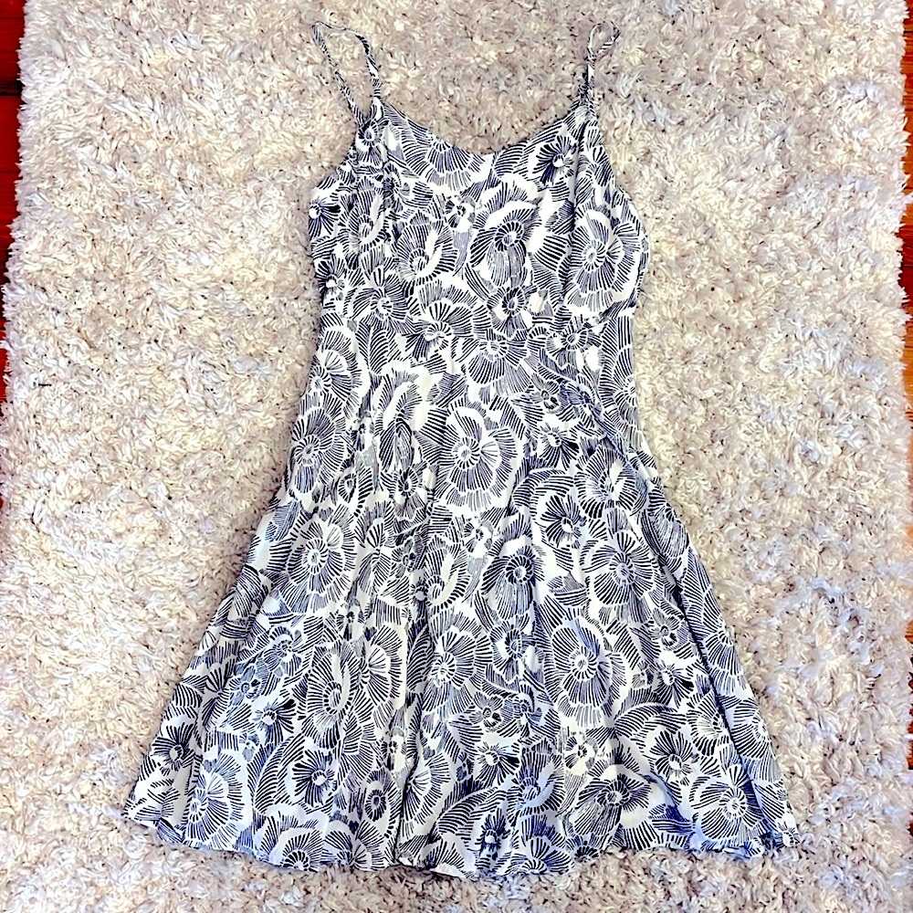 White flowy dress with black pattern, spaghetti strap